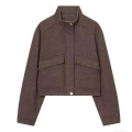 Women's Solid Coffee Brown Short Woolen Jacket Stand Collar Gold Buttons Large Pockets Fashion Casual Polyester Outerwear Coat