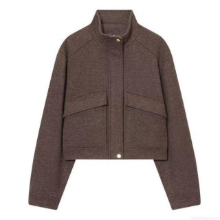 Women's Solid Coffee Brown Short Woolen Jacket Stand Collar Gold Buttons Large Pockets Fashion Casual Polyester Outerwear Coat