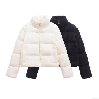 Women's Short Padded Jacket With Knitted Cable Texture Stand Collar Long Sleeve Thick Cotton Coat Outerwear For Winter Casual Elegant Solid Color Zipper Closure