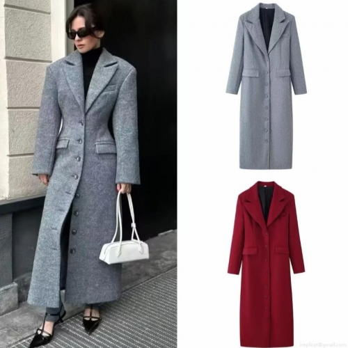 Women Fashion Long Woolen Coat Elegant Lapel Single Breasted Slim Fit Overcoat Casual Daily Winter Warm Polyester Blend Trench Coat for Ladies