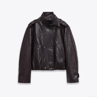 Women's Fashion Casual PU Leather Jacket Stand Collar Double Breasted Zipper Outerwear With Shoulder Tabs Wrinkle Texture Streetwear For Women