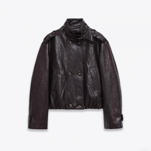 Women's Fashion Casual PU Leather Jacket Stand Collar Double Breasted Zipper Outerwear With Shoulder Tabs Wrinkle Texture Streetwear For Women