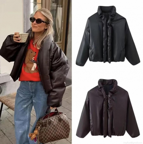 Women's Oversized PU Leather Quilted Jacket Stand Collar Zipper Crop Padded Coat Warm Winter Short Outerwear Windproof Streetwear Fashion Ladies Jacket
