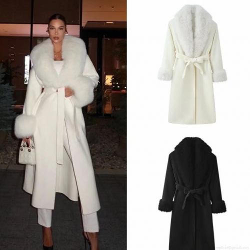 Women's Elegant Long Polyester Woolen Coat With Faux Fur Collar And Cuffs Slim Fit Lace-Up Waist Winter Warm Overcoat For Ladies