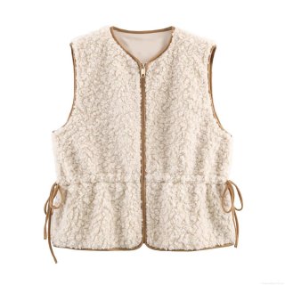Women Faux Lamb Wool Sherpa Vest Round Neck Zipper Waistcoat With Contrast Binding Adjustable Tie Side Cream White Warm Casual Outerwear