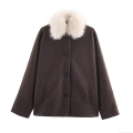 Women's Elegant Woolen Blend Jacket With Faux Fur Collar Solid Color Single Breasted Loose Fit Short Coat For Winter Outdoor Daily Lady Fashion Outerwear