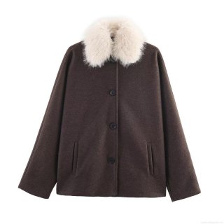 Women's Elegant Woolen Blend Jacket With Faux Fur Collar Solid Color Single Breasted Loose Fit Short Coat For Winter Outdoor Daily Lady Fashion Outerwear