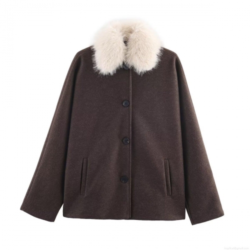 Women's Elegant Woolen Blend Jacket With Faux Fur Collar Solid Color Single Breasted Loose Fit Short Coat For Winter Outdoor Daily Lady Fashion Outerwear