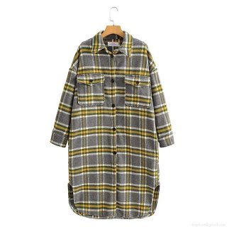 Women Plaid Long Shacket Woolen Blend Shirt Jacket Casual Loose Single Breasted Long Sleeve Overcoat With Pockets Autumn Winter Outerwear