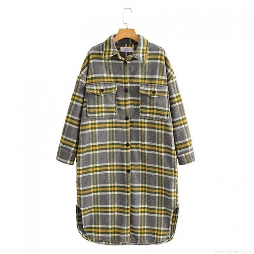 Women Plaid Long Shacket Woolen Blend Shirt Jacket Casual Loose Single Breasted Long Sleeve Overcoat With Pockets Autumn Winter Outerwear