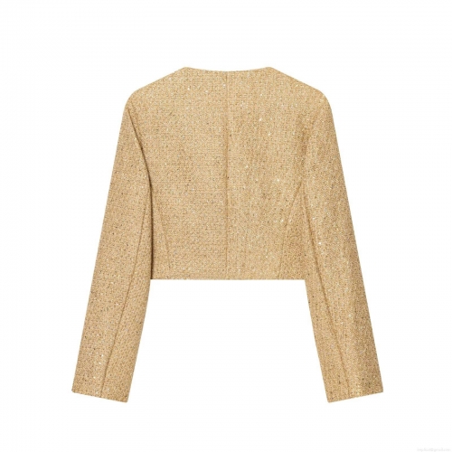 Women's Cropped Gold Sequin Tweed Jacket Vintage Elegant Metallic Thread Long Sleeve Round Neck Button Up Short Coat Luxury Party Outerwear Socialite Style Lady Blazer