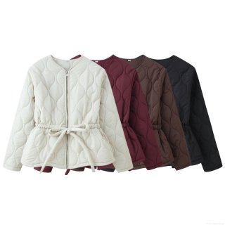 Women's Quilted Cotton Padded Jacket Fashion Round Neck Long Sleeve Waist Tie Coat Casual Polyester Blend Warm Outerwear For Winter Ladies