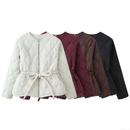 Women's Quilted Cotton Padded Jacket Fashion Round Neck Long Sleeve Waist Tie Coat Casual Polyester Blend Warm Outerwear For Winter Ladies