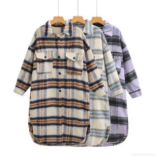 Women's Casual Plaid Woolen Long Shacket Coat Loose Oversized Shirt Jacket With Pockets Thick Winter Warm Outerwear