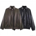 Women's Fashion Faux Leather Bomber Jacket Solid Color Stand Collar Zip Up Windproof Moto Biker Outerwear Casual Streetwear Coat For Women