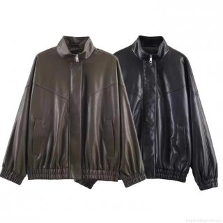 Women's Fashion Faux Leather Bomber Jacket Solid Color Stand Collar Zip Up Windproof Moto Biker Outerwear Casual Streetwear Coat For Women