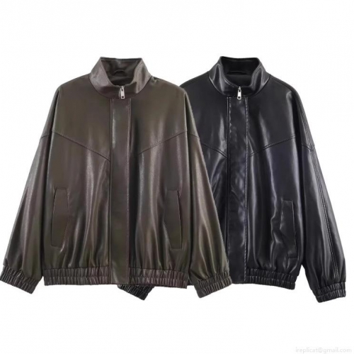 Women's Fashion Faux Leather Bomber Jacket Solid Color Stand Collar Zip Up Windproof Moto Biker Outerwear Casual Streetwear Coat For Women