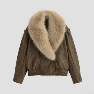 Women's Retro Faux Suede Jacket With Large Faux Fur Collar Loose Double Breasted Short Winter Coat Outwear Streetwear Casual Brown
