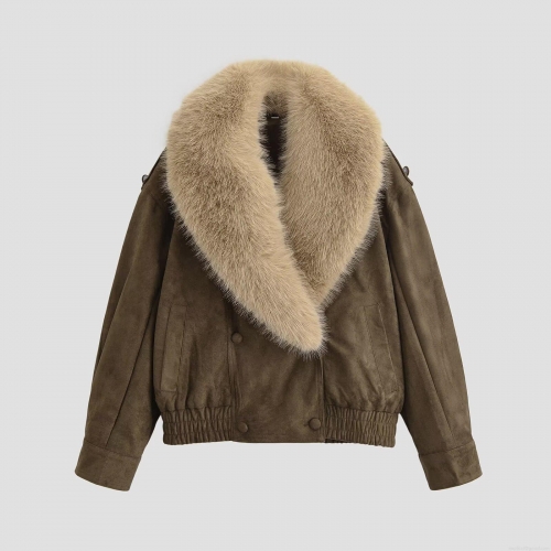 Women's Retro Faux Suede Jacket With Large Faux Fur Collar Loose Double Breasted Short Winter Coat Outwear Streetwear Casual Brown