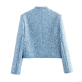 Women's Luxury Sky Blue Sequin Tweed Jacket Elegant Short Outerwear With Snap Buttons For Party Daily Lady Chic Short Coat