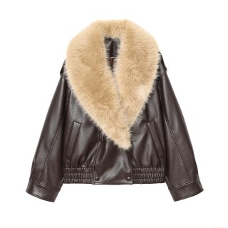 Women's Retro PU Leather Jacket With Faux Fur Collar Long Sleeve Motorcycle Biker Coat Solid Color Vintage Short Outwear For Women