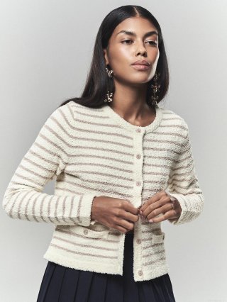 Women's French Elegant Tweed Knit Jacket Cardigan Cotton Blend Single Breasted Round Neck Striped Long Sleeve Outerwear For Daily Date Office Celebrity Style