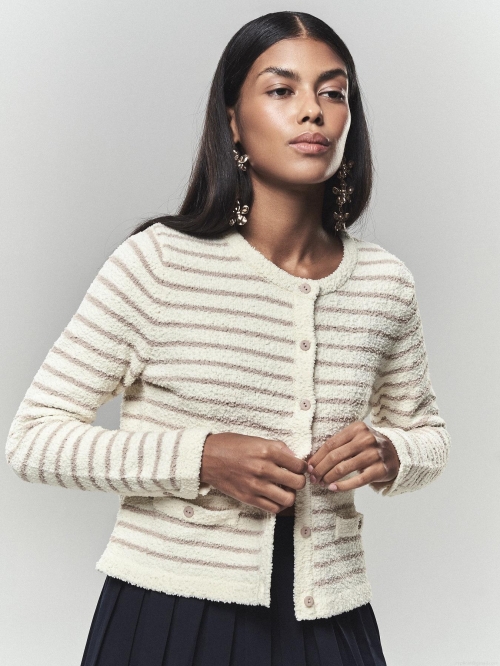 Women's French Elegant Tweed Knit Jacket Cardigan Cotton Blend Single Breasted Round Neck Striped Long Sleeve Outerwear For Daily Date Office Celebrity Style