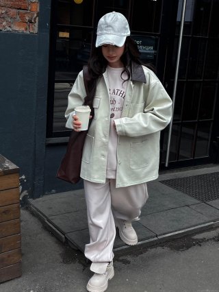 Women's American Retro Workwear Oversized Jacket With PU Leather Lapel Cotton Canvas Long Sleeve Casual Streetwear Outerwear For Women