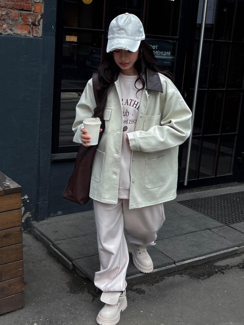 Women's American Retro Workwear Oversized Jacket With PU Leather Lapel Cotton Canvas Long Sleeve Casual Streetwear Outerwear For Women