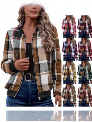 Women's Casual Plaid Checkered Zipper Bomber Jacket Long Sleeve British Style Polyester Blend Outerwear Coat For Autumn Winter Commute Wearing