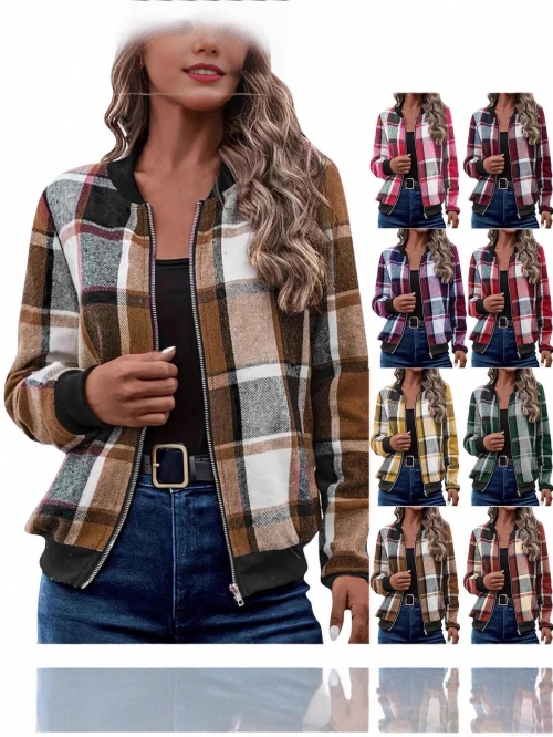 Women's Casual Plaid Checkered Zipper Bomber Jacket Long Sleeve British Style Polyester Blend Outerwear Coat For Autumn Winter Commute Wearing