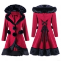 Women's Vintage Gothic Hooded Woolen Coat With Faux Fur Trim Back Lace-Up Contrast Color Slim Fit Mid-Long Jacket Overcoat