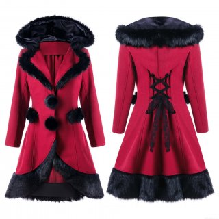 Women's Vintage Gothic Hooded Woolen Coat With Faux Fur Trim Back Lace-Up Contrast Color Slim Fit Mid-Long Jacket Overcoat