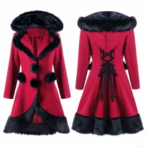 Women's Vintage Gothic Hooded Woolen Coat With Faux Fur Trim Back Lace-Up Contrast Color Slim Fit Mid-Long Jacket Overcoat