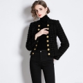 Women's Elegant Black Tweed Jacket Slim Fit Long Sleeve Short Coat With Gold Lion Head Buttons Vintage Commute Party Outerwear For Lady