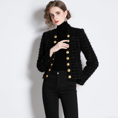Women's Elegant Black Tweed Jacket Slim Fit Long Sleeve Short Coat With Gold Lion Head Buttons Vintage Commute Party Outerwear For Lady