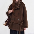 Women Retro Loose Woolen Coat Double Breasted Belted Mid-Length Overcoat Elegant Solid Color Winter Jacket With Lapel Collar For Ladies Casual Wear