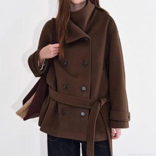 Women Retro Loose Woolen Coat Double Breasted Belted Mid-Length Overcoat Elegant Solid Color Winter Jacket With Lapel Collar For Ladies Casual Wear