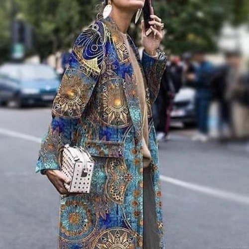 Women's Elegant Plaid Mandala Printed Long Woolen Coat Autumn Winter Fashion Lapel Open Front Long Sleeve Polyester Outerwear For Women Commute Jacket