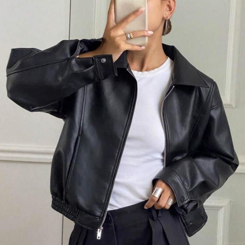 Vintage Brown Faux Leather Jacket Women Retro Oversized Motorcycle Biker Coat Zipper Loose Long Sleeve Outerwear Fall Winter Casual Fashion Coat