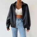 Vintage Faux Leather Jacket Women Streetwear PU Moto Biker Outerwear Zip Up Lapel Collar Long Sleeve Coats Autumn Winter Solid Black Jacket
