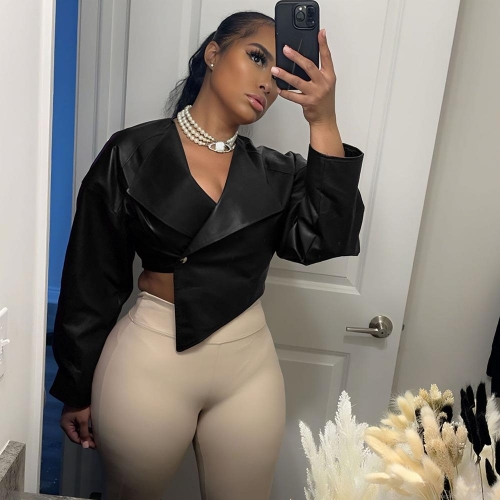 Women's Sexy Cropped PU Leather Jacket Autumn Winter Solid Color Slim Fit Long Sleeve Streetwear Lapel Zipper Waist Biker Coat Purplish Red Black