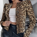 Women's Leopard Sequin Jacket Glitter Short Blazer With Shoulder Pads Open Front Long Sleeve Party Nightclub Streetwear Coat