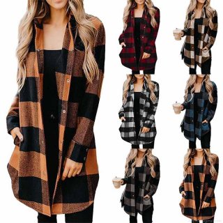 Women's Plaid Mid Length Shacket Long Sleeve Shirt Jacket Single Breasted Lapel Collar Overcoat With Pockets Casual Loose Fit Outwear Streetwear Top