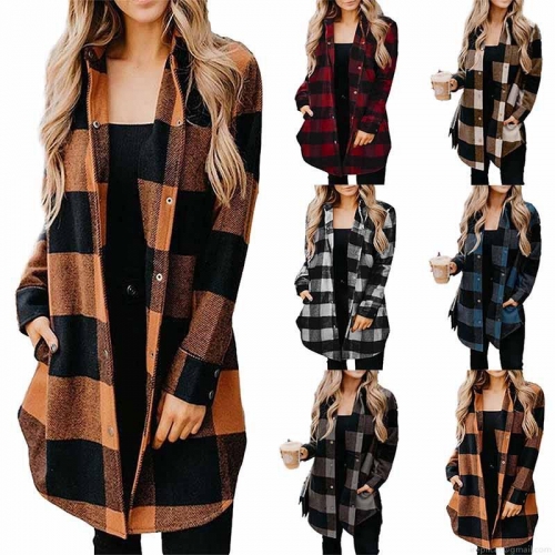 Women's Plaid Mid Length Shacket Long Sleeve Shirt Jacket Single Breasted Lapel Collar Overcoat With Pockets Casual Loose Fit Outwear Streetwear Top