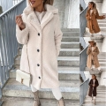 Women's Casual Long Teddy Fleece Coat Elegant Faux Shearling Fur Warm Winter Overcoat With Lapel Collar Solid Color Loose Soft Jacket Outerwear