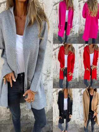 Women's Mid-Length Hooded Cardigan Jacket 95% Polyester 5% Spandex Long Sleeve Zip Up Coat With Side Pockets Casual Loose Fit Outwear For Autumn Winter