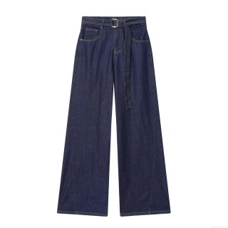 Women's High Waisted Wide Leg Jeans With Belt Regenerated Cellulose Fiber Denim Pants Western Streetwear Casual Long Trousers Solid Deep Blue