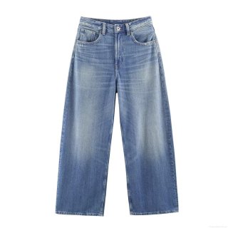 Women's Casual Wide Leg Denim Jeans With Contrast Leather Pocket High Waisted Streetwear Fashion Straight Leg Trousers For Women