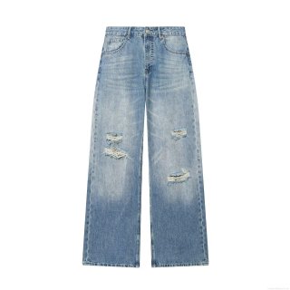 Women's Light Blue Washed Denim Jeans Ripped Distressed Wide Leg Straight Fit Casual Streetwear Pants For Women Spring Fashion Trousers